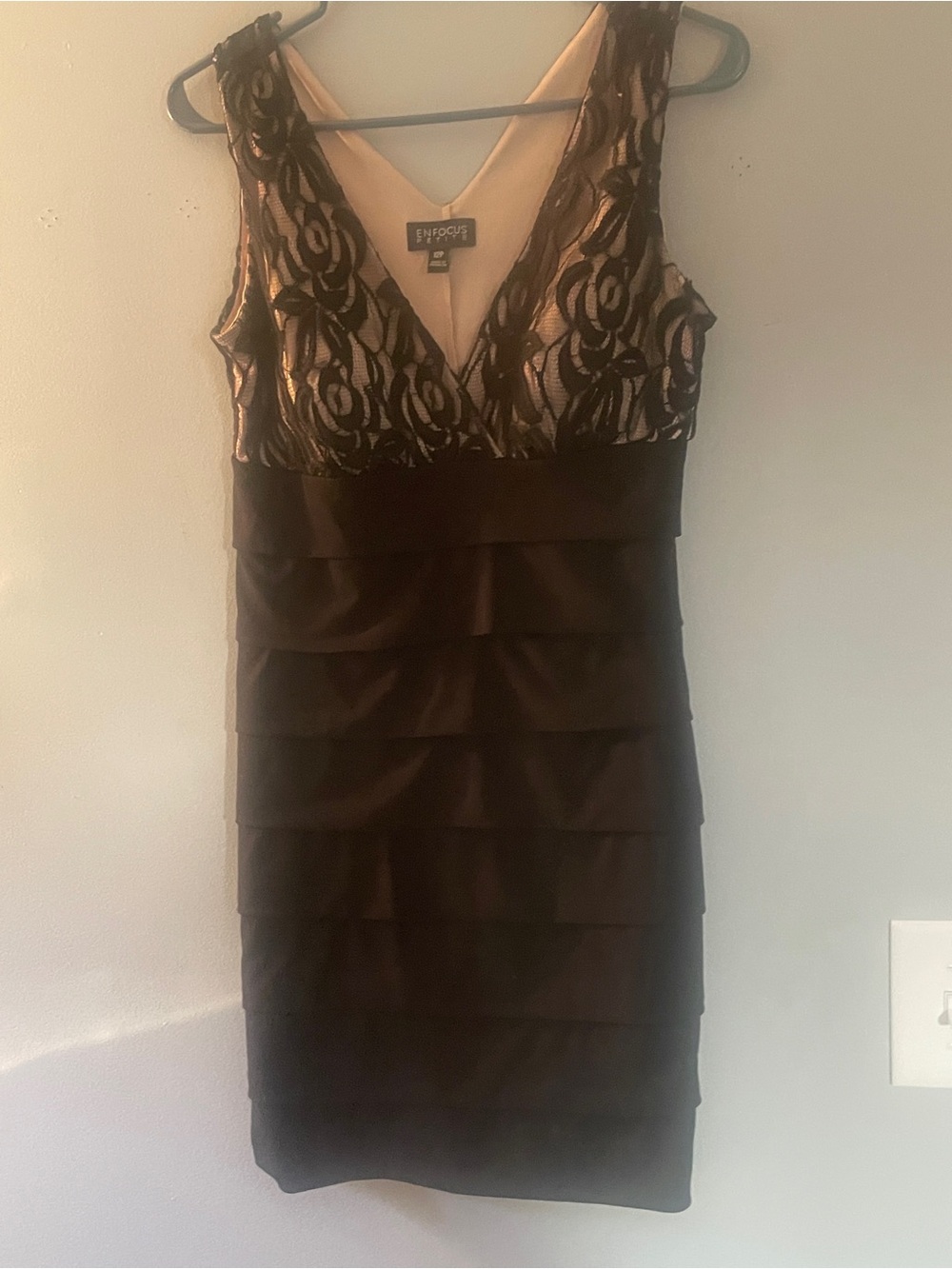 Enfocus Studio Black Lace-Overlay V-Neck Tiered Sheath Dress